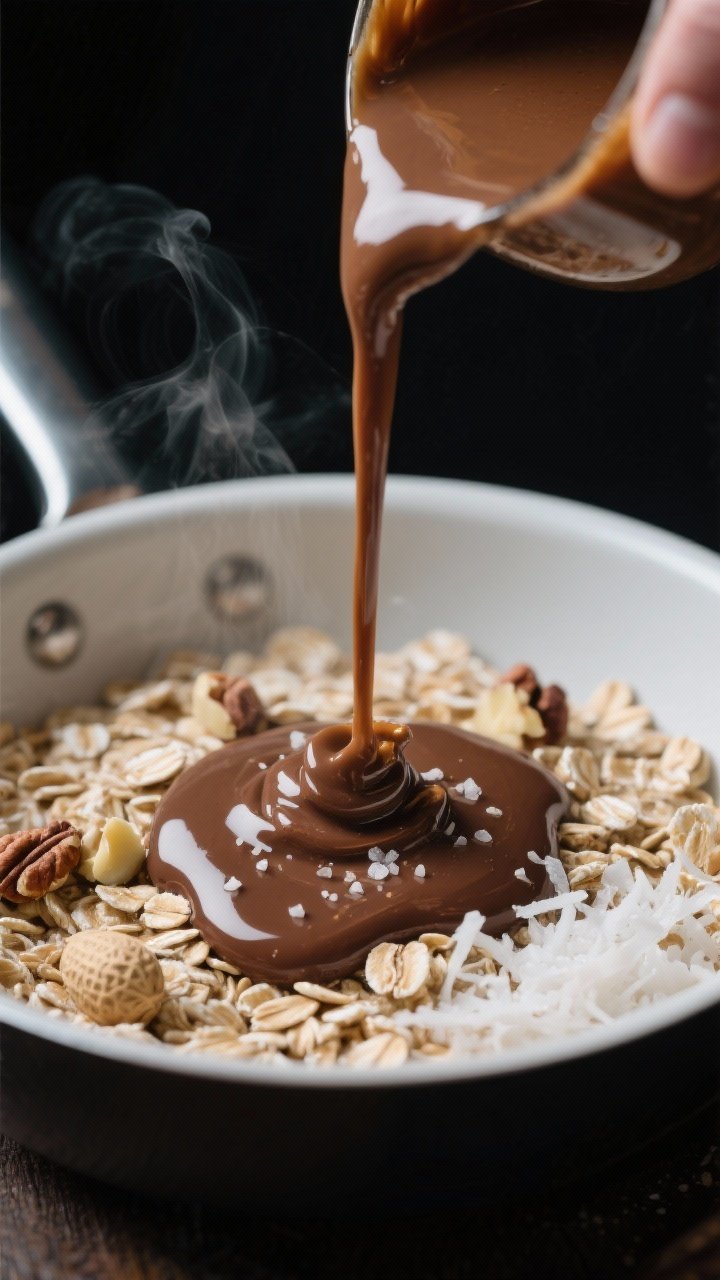 Cooking process close-up: A tight, shallow-depth-of-field shot of the glossy cocoa-peanut butter syr