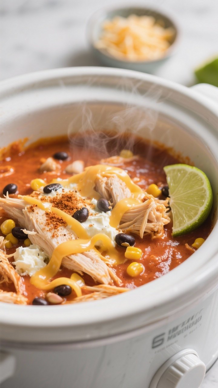 Cooking process close-up: A tight, steamy shot inside a slow cooker showing shredded chicken bathed
