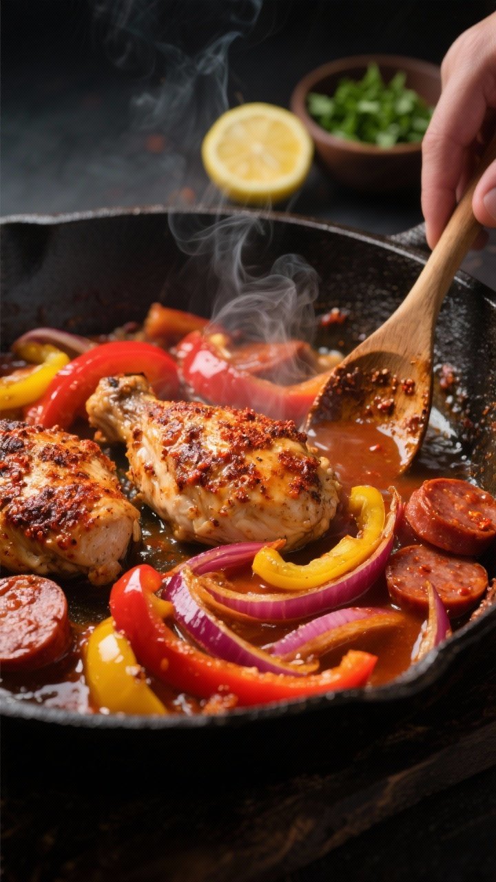 Cooking process close-up: Cajun-spiced chicken and optional andouille coins sizzling in a large cast