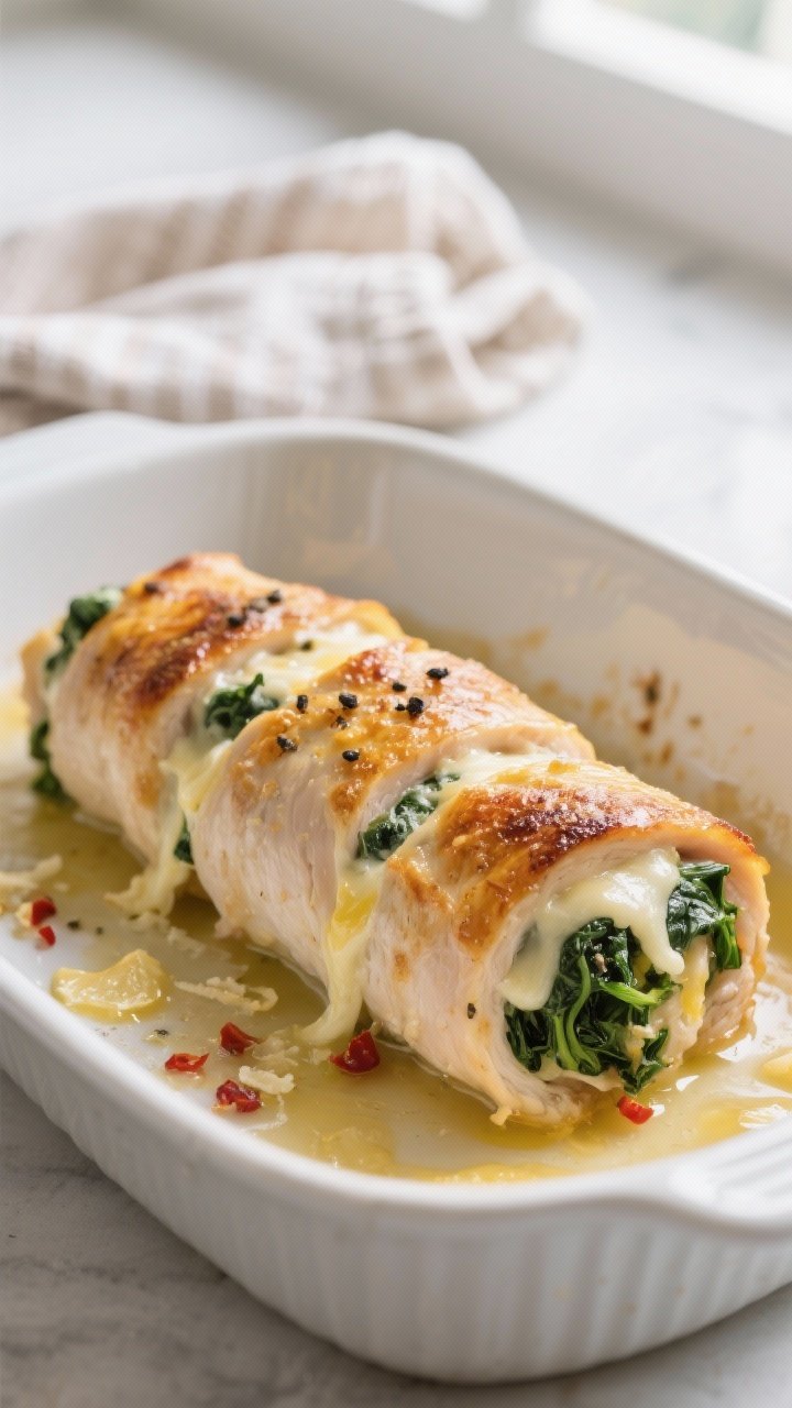 Cooking process close-up: Cheesy Spinach Stuffed Chicken Roll-Ups just out of the oven, seam-side do