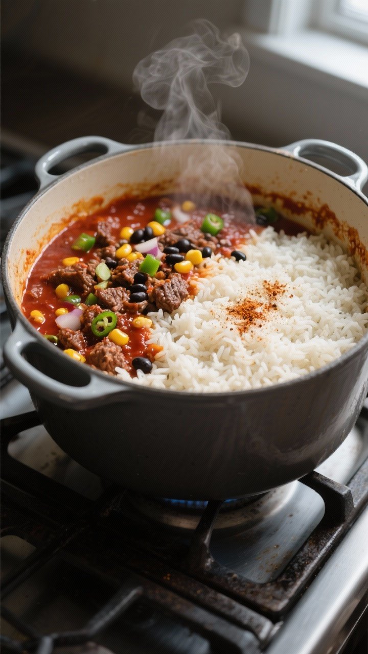 Cooking process, close-up: Close-up of beefy enchilada rice simmering in a heavy-bottomed Dutch oven