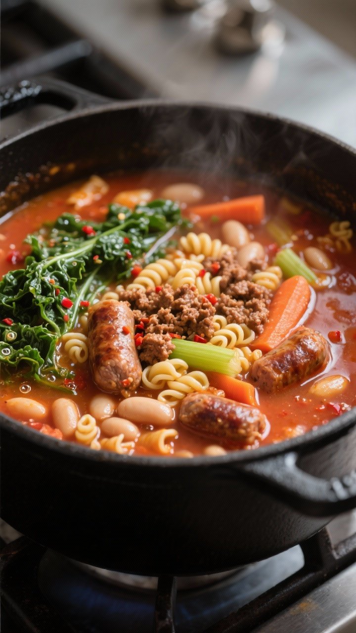 Cooking process, close-up: Close-up of Italian sausage soup simmering in a matte black Dutch oven, s