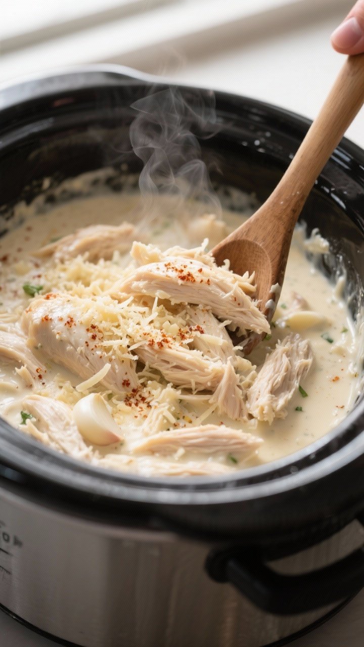 Cooking process close-up: Crockpot creamy garlic Parmesan chicken mid-cook, shredded chicken being f