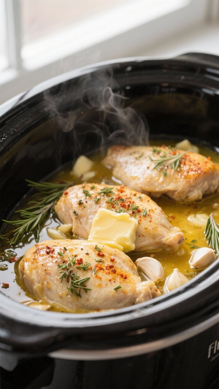 Cooking process, close-up: Crockpot garlic herb chicken breasts mid-cook in a slow cooker, chicken f