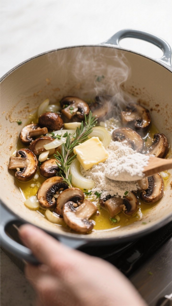 Cooking process close-up: Deeply browned sliced cremini and baby bella mushrooms sizzling in a Dutch
