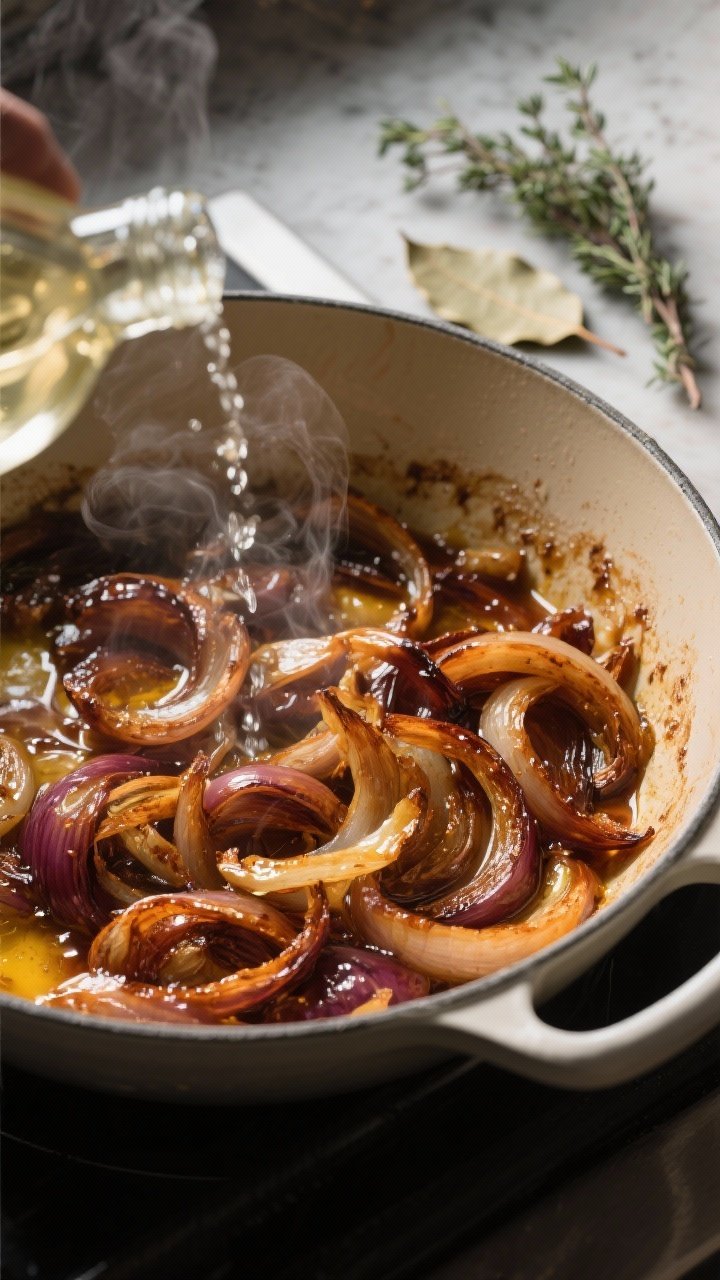 Cooking process close-up: Deeply caramelized onions in a heavy enamel Dutch oven, jammy and mahogany