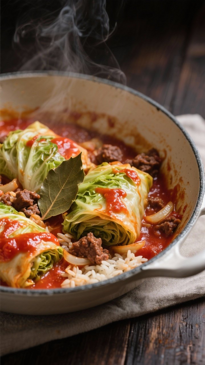 Cooking process, close-up detail: A deep, enamel skillet at a gentle simmer with the cabbage roll sk