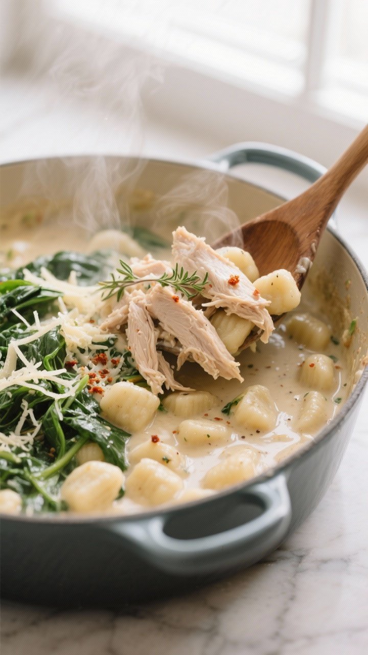 Cooking process, close-up detail: A Dutch oven at a gentle simmer showing tender shredded chicken be