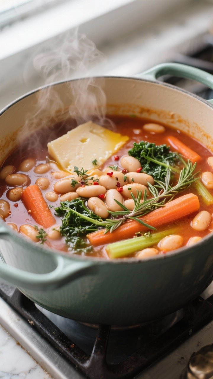 Cooking process, close-up detail: A Dutch oven of Easy Tuscan Bean Soup at a gentle simmer, shot clo