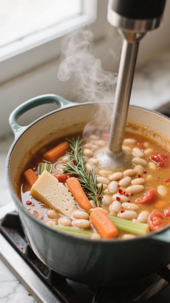 Cooking process, close-up detail: A Dutch oven of Tuscan White Bean Soup at a gentle simmer, bean-st