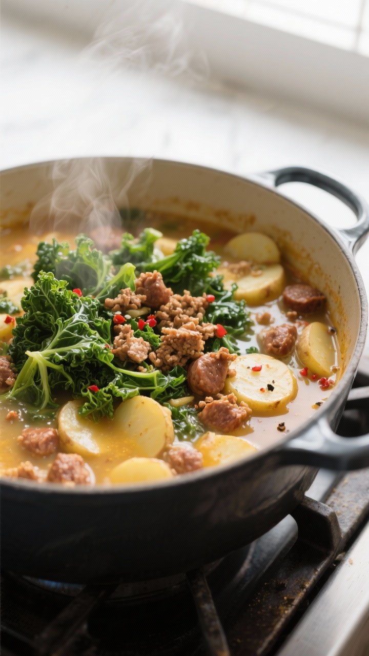Cooking process, close-up detail: A Dutch oven on the stovetop with Zuppa Toscana mid-simmer—crumb