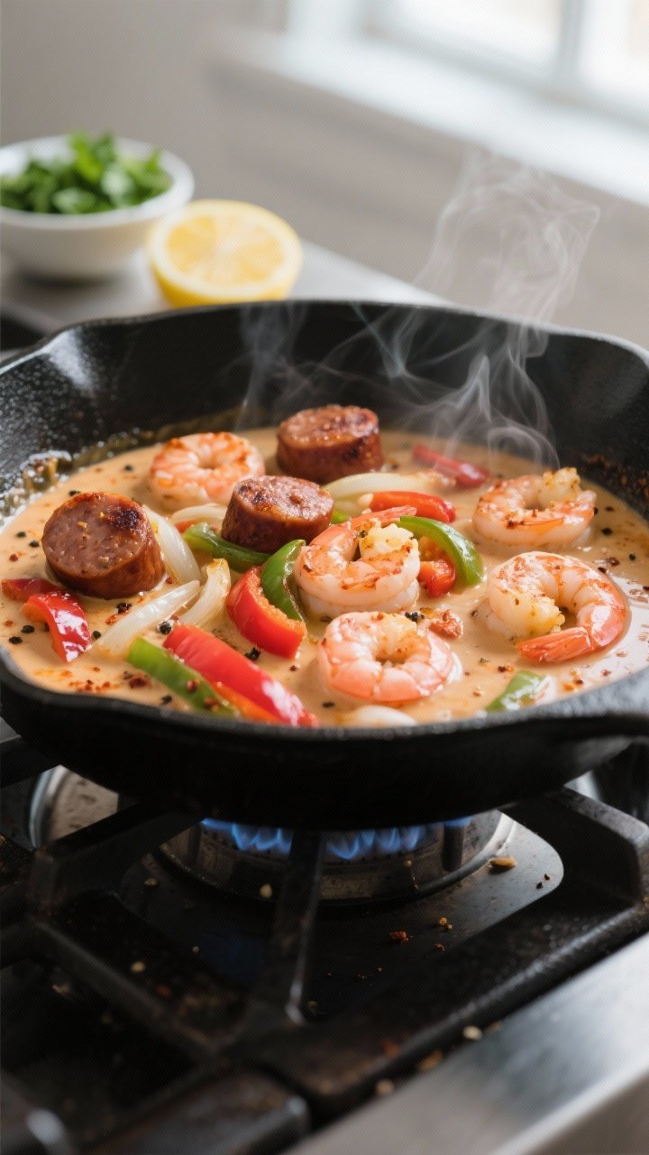 Cooking process, close-up detail: A large black skillet on a gas burner with a gentle simmer, showin