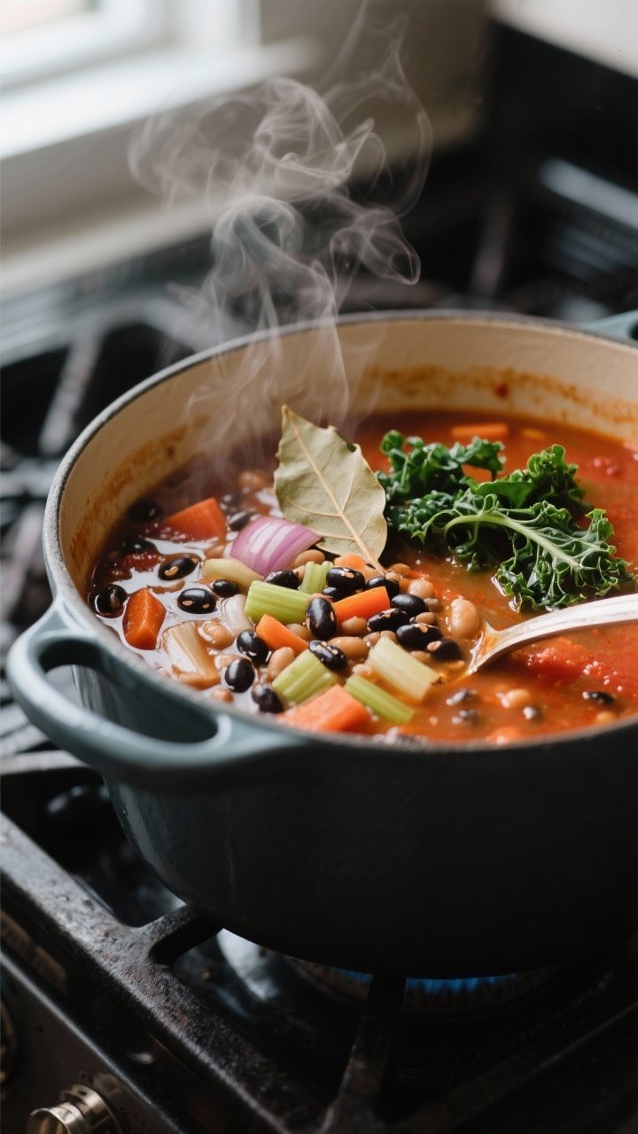 Cooking process, close-up detail: A large Dutch oven of simmering black eyed pea soup captured at a 