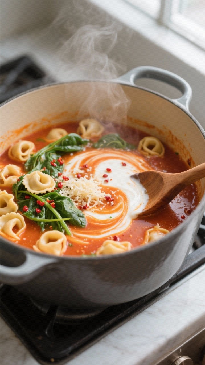 Cooking process, close-up detail: A large Dutch oven at a gentle simmer with cooked cheese tortellin