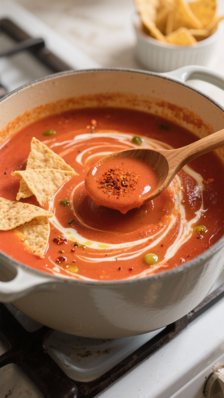 Cooking process, close-up detail: A large enamel pot of creamy tomato tortilla soup mid-simmer, capt