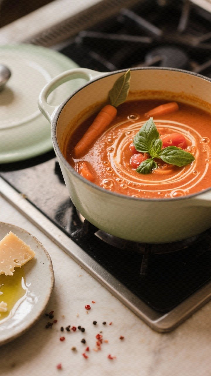 Cooking process, close-up detail: A large enameled Dutch oven on the stove with tomato basil soup ac