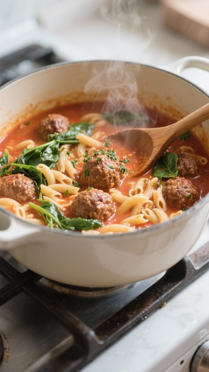 Cooking process, close-up detail: A large enameled pot at a gentle simmer with creamy tomato broth s