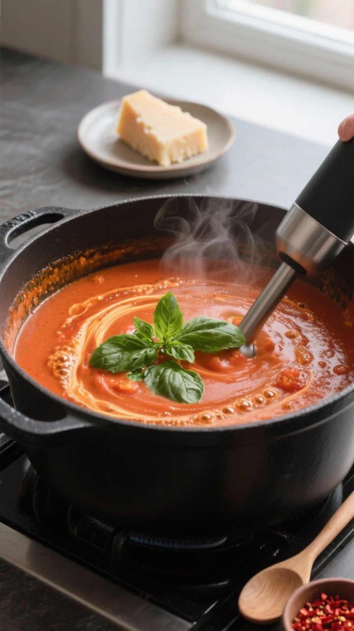 Cooking process, close-up detail: A large matte-black pot on the stove with creamy tomato basil soup