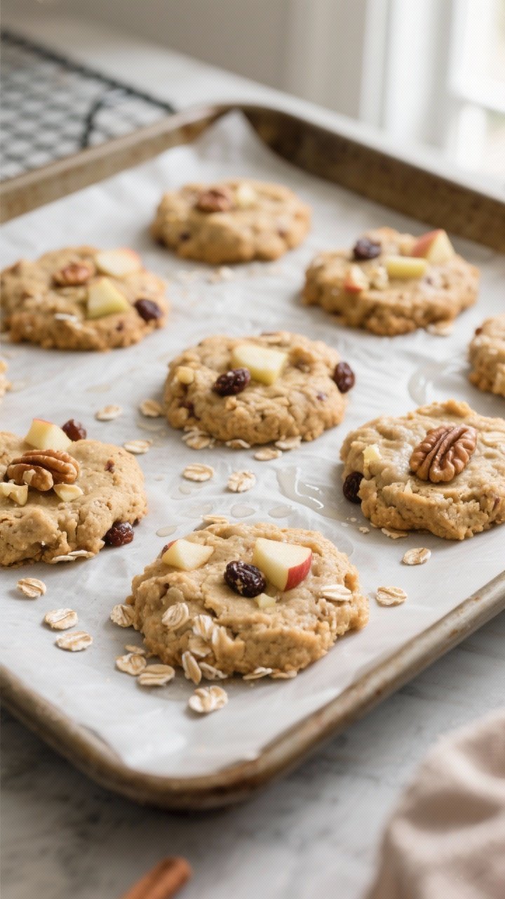 Cooking process, close-up detail: A parchment-lined baking sheet with freshly scooped and gently fla