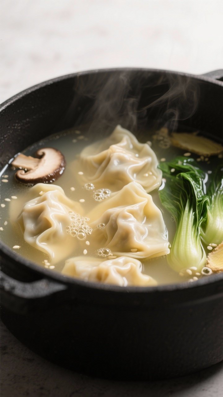 Cooking process, close-up detail: A shallow-depth-of-field close-up of wontons gently simmering in a
