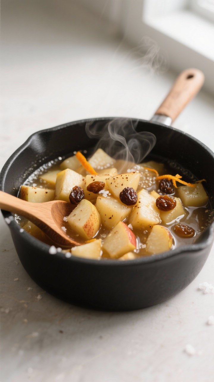 Cooking process, close-up detail: A shallow-depth-of-field close-up of sugar-free apple compote simm