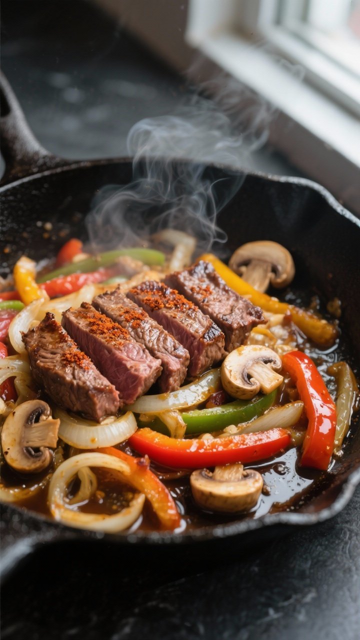Cooking process, close-up detail: A sizzling low-carb Philly cheesesteak skillet mid-cook, showing b