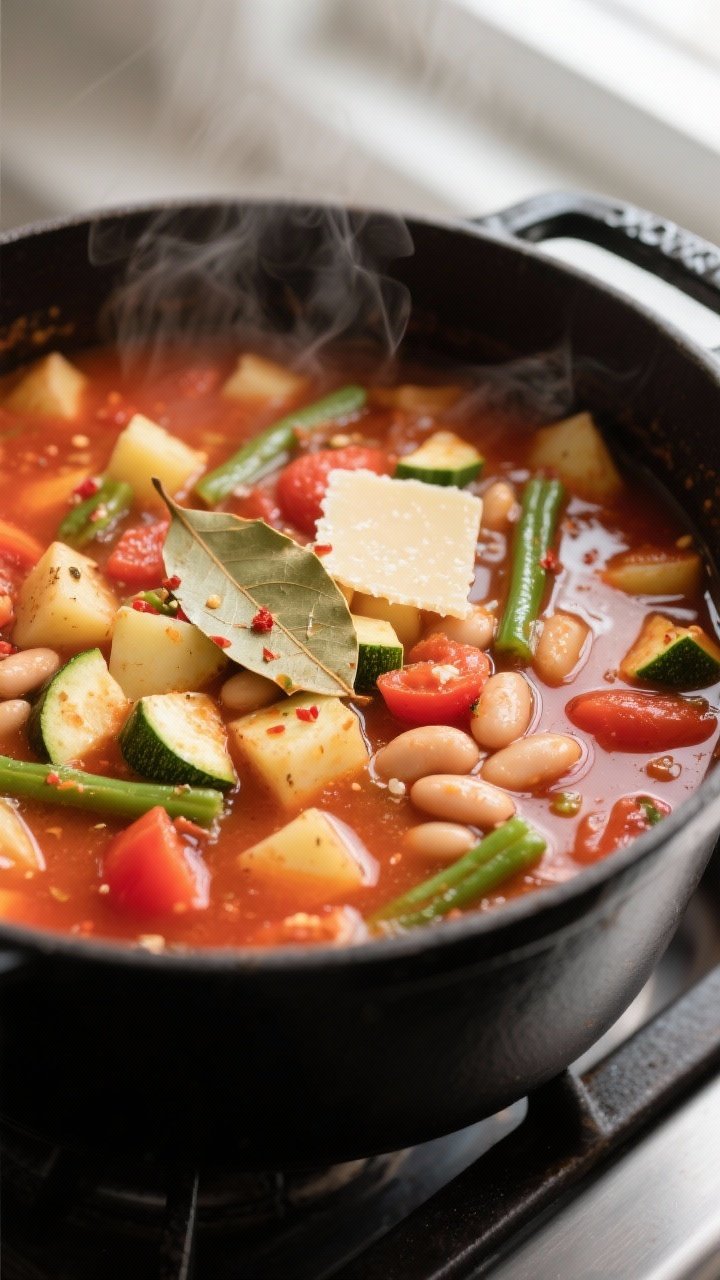 Cooking process, close-up detail: A steaming pot of 30-minute vegetable soup at a lively simmer, clo