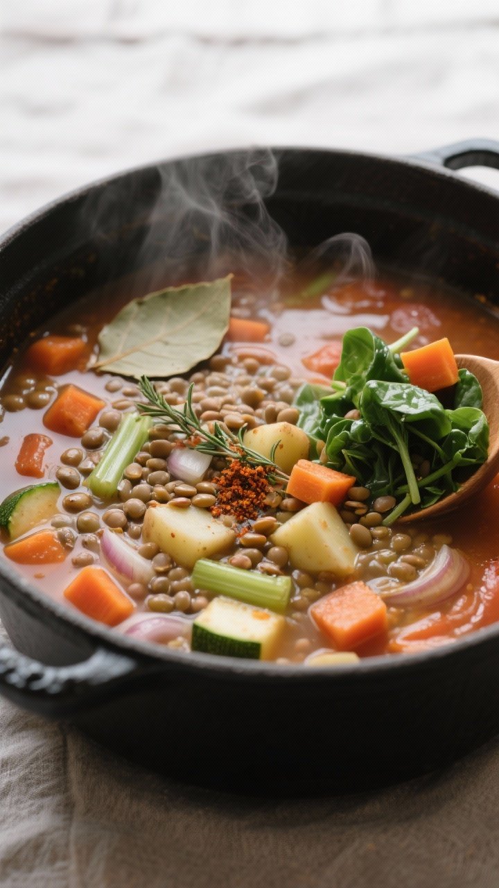 Cooking process, close-up detail: A steaming pot of Easy Lentil Vegetable Soup at a gentle simmer, c
