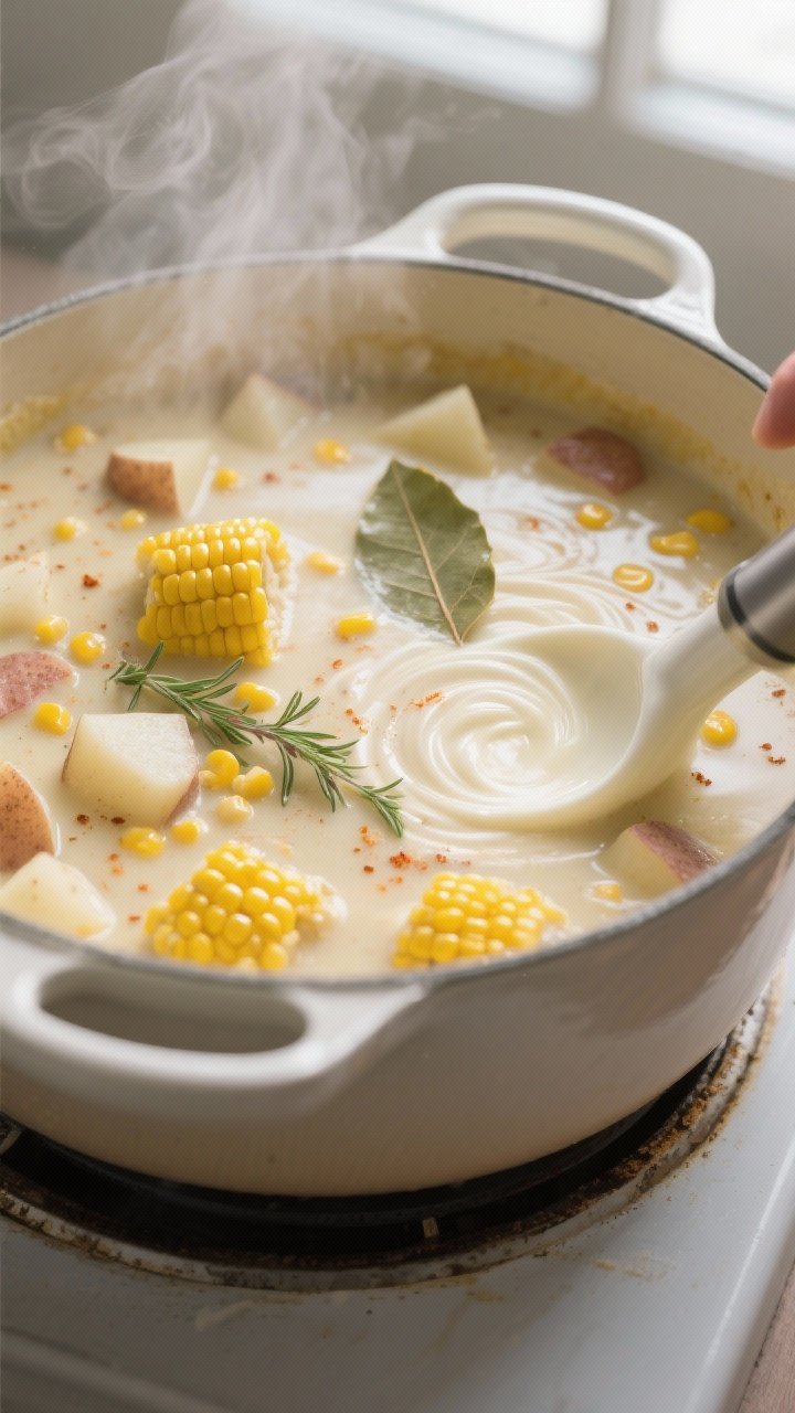 Cooking process, close-up detail: A steaming pot of creamy corn chowder mid-simmer, showing tender p
