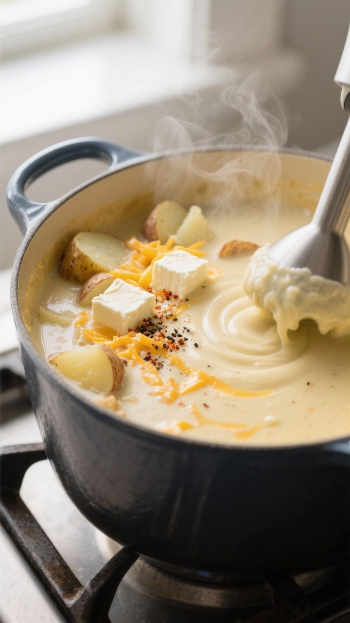 Cooking process, close-up detail: A steaming pot of loaded baked potato soup mid-cook on the stoveto
