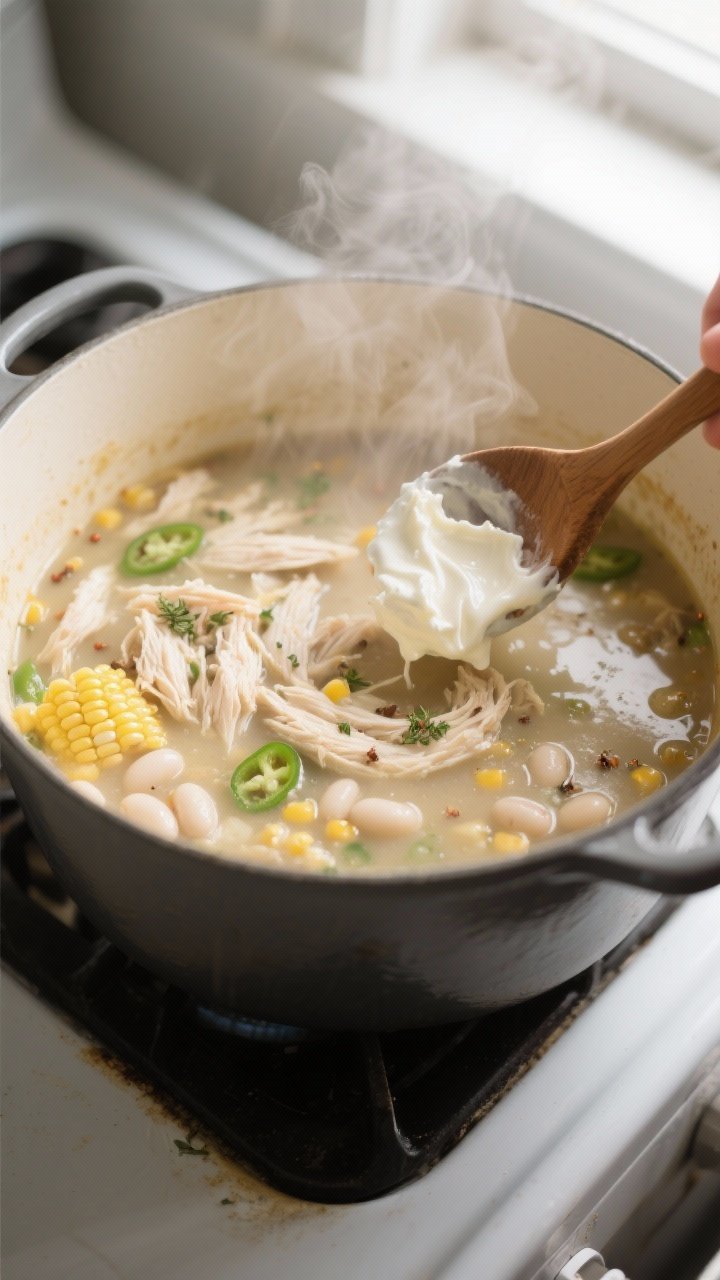 Cooking process, close-up detail: A steamy, medium-close shot of White Chicken Chili Soup simmering