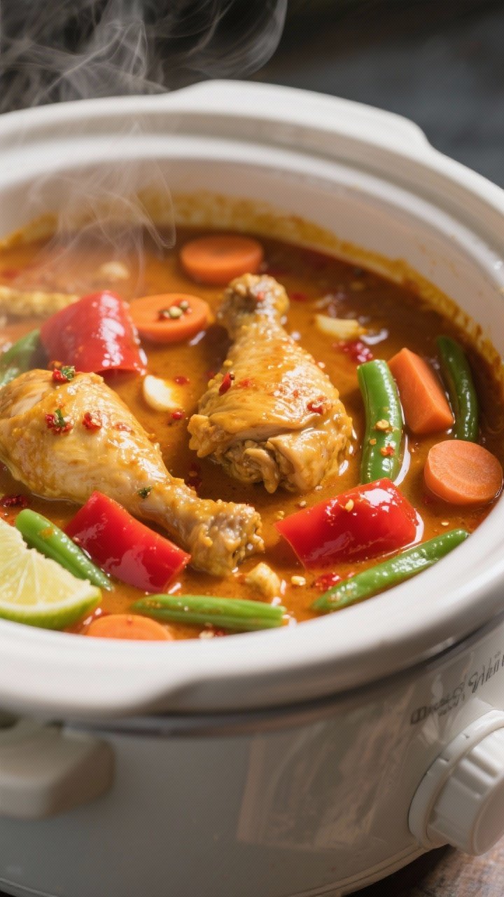 Cooking process, close-up detail: A tight, shallow depth-of-field shot of coconut curry chicken simm