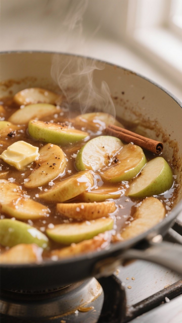 Cooking process, close-up detail: A wide saucepan with glossy, sugar-free apple pie filling mid-simm