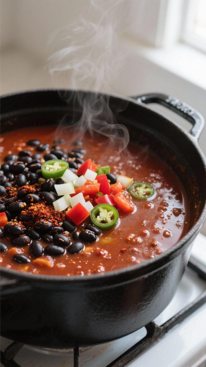 Cooking process, close-up detail: Close-up of a simmering pot of spicy black bean soup midway throug