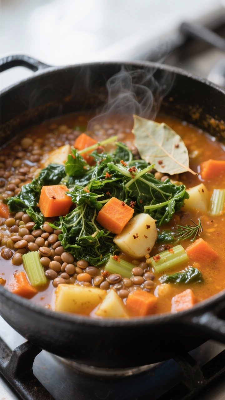 Cooking process, close-up detail: Close-up of a simmering pot of lentil & vegetable stew right after