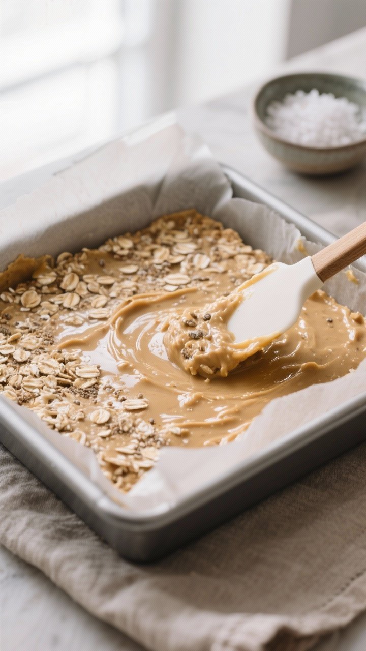 Cooking process, close-up detail: Close-up of an 8x8 pan lined with parchment as the thick, oat-and-