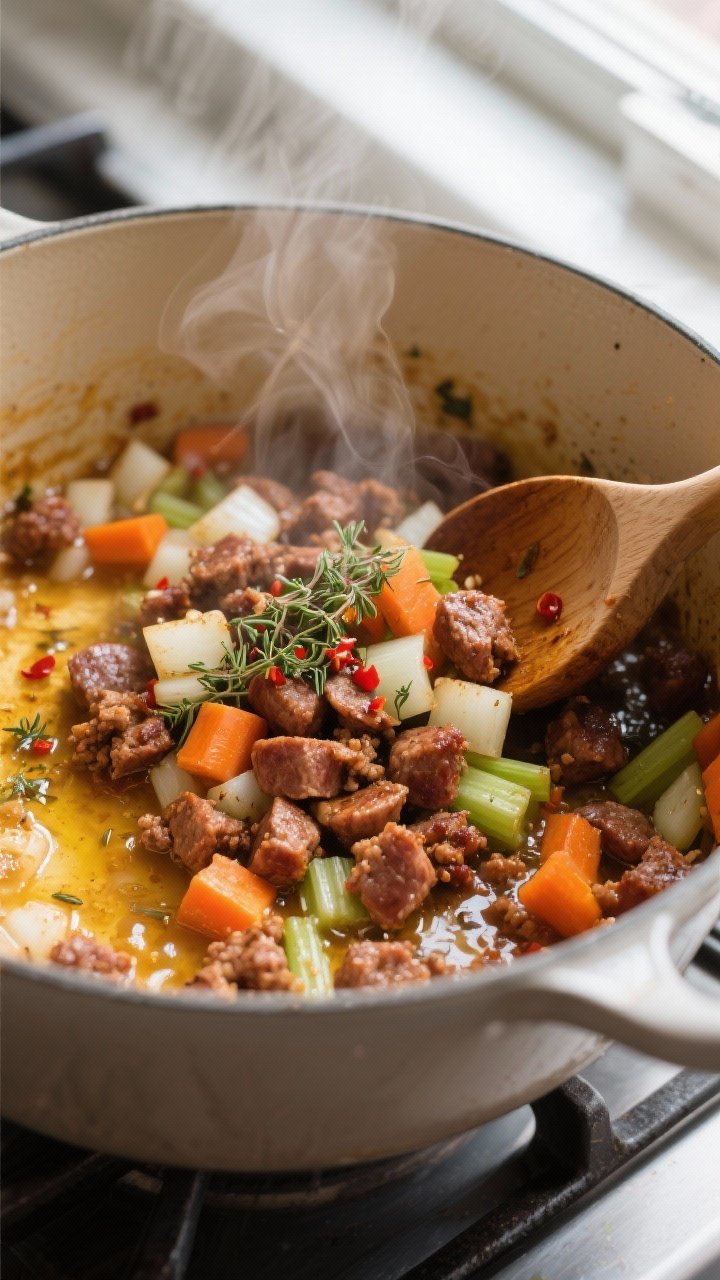 Cooking process, close-up detail: Close-up of browned Italian sausage crumbles sizzling in a Dutch o