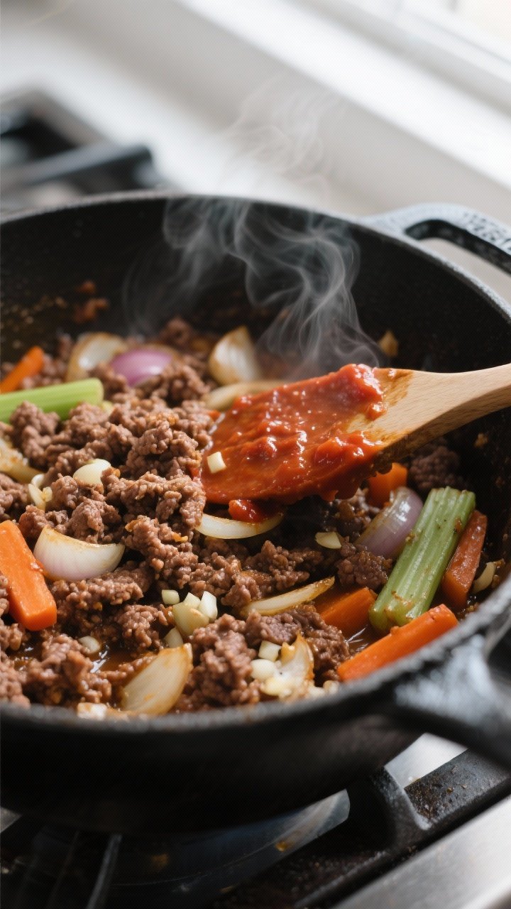 Cooking process, close-up detail: Close-up of browned ground beef sizzling with sautéed onions, car