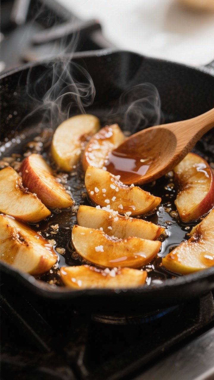 Cooking process, close-up detail: Close-up of caramelized apple wedges sizzling in a black cast-iron