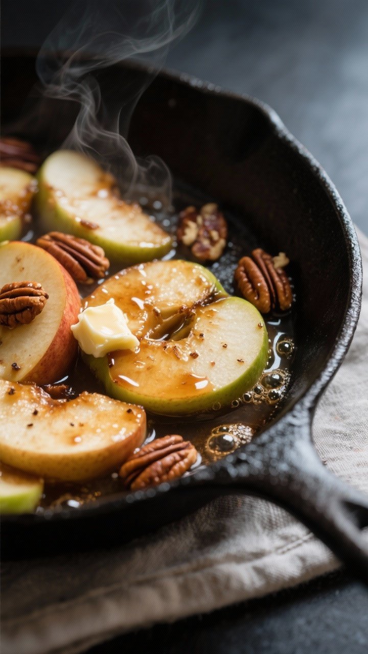 Cooking process, close-up detail: Close-up of cinnamon skillet apples midway through cooking, apple 