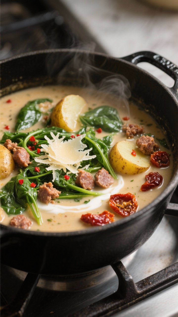 Cooking process, close-up detail: Close-up of creamy Tuscan soup simmering in a wide, matte-black Du