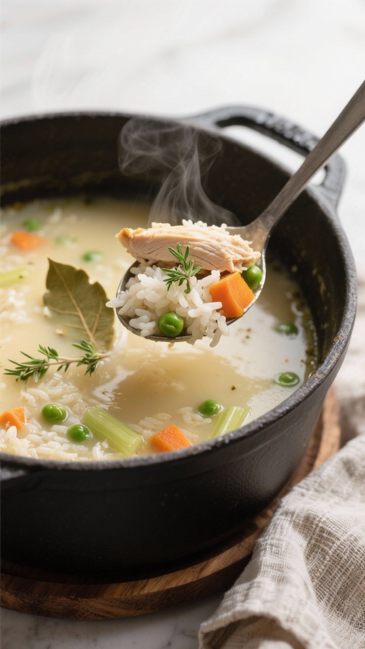 Cooking process, close-up detail: Close-up of creamy chicken rice soup simmering in a matte black Du