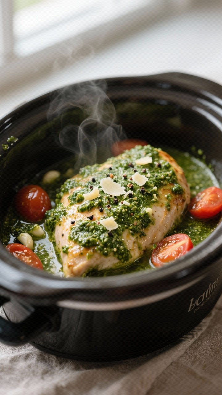 Cooking process, close-up detail: Close-up of crockpot pesto chicken breasts simmering in a slow coo