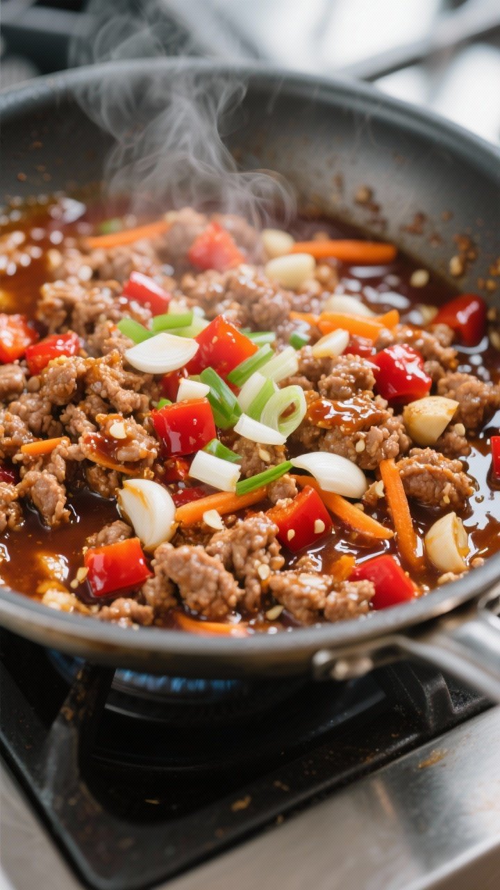 Cooking process, close-up detail: Close-up of glossy ground turkey filling sizzling in a wide stainl