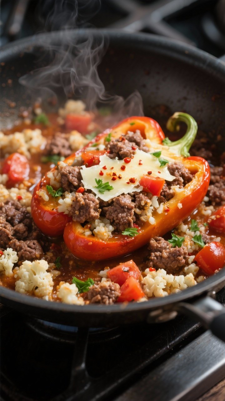Cooking process, close-up detail: Close-up of low-carb stuffed bell pepper filling sizzling in a ski