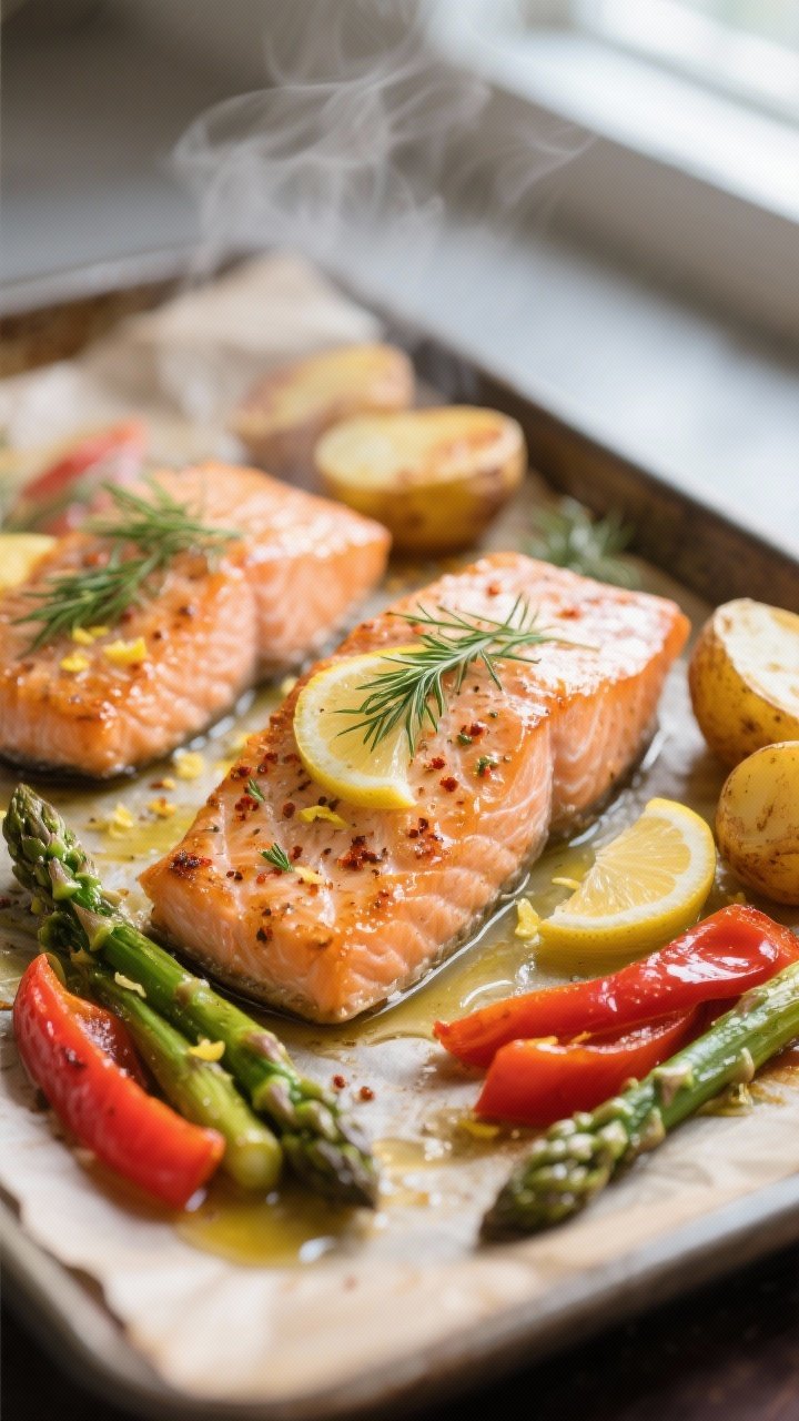 Cooking process, close-up detail: Close-up of roasted lemon-dill salmon just out of the oven on a pa