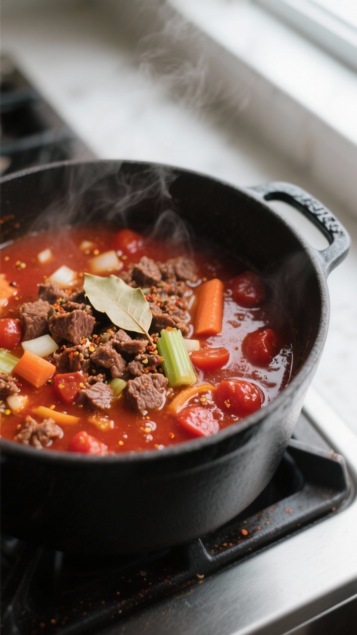 Cooking process, close-up detail: Close-up of simmering beef and tomato soup in a matte black Dutch 
