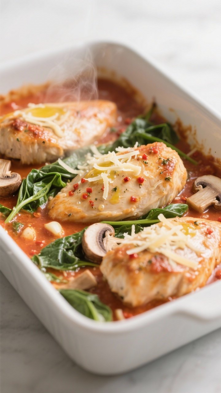 Cooking process, close-up detail: Close-up of tender chicken breasts simmering in a creamy tomato-ba