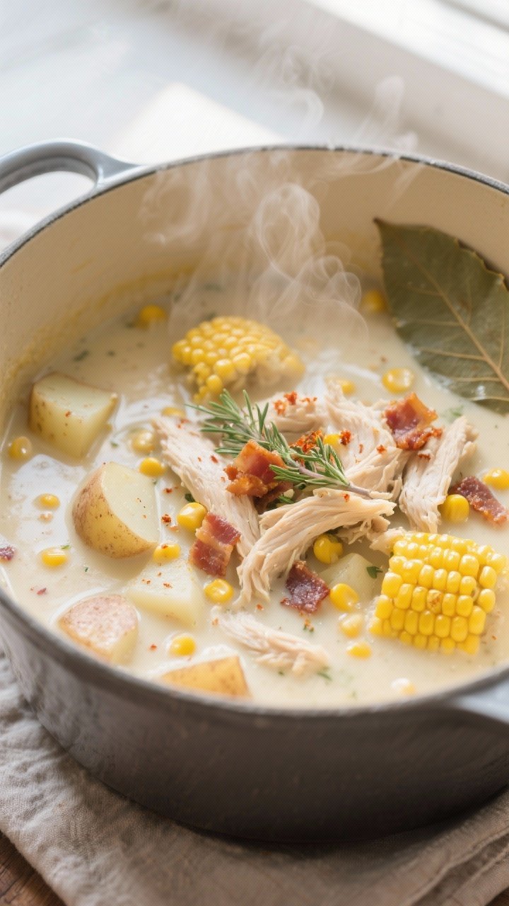Cooking process, close-up detail: Creamy chicken and corn chowder simmering in a Dutch oven, close-u