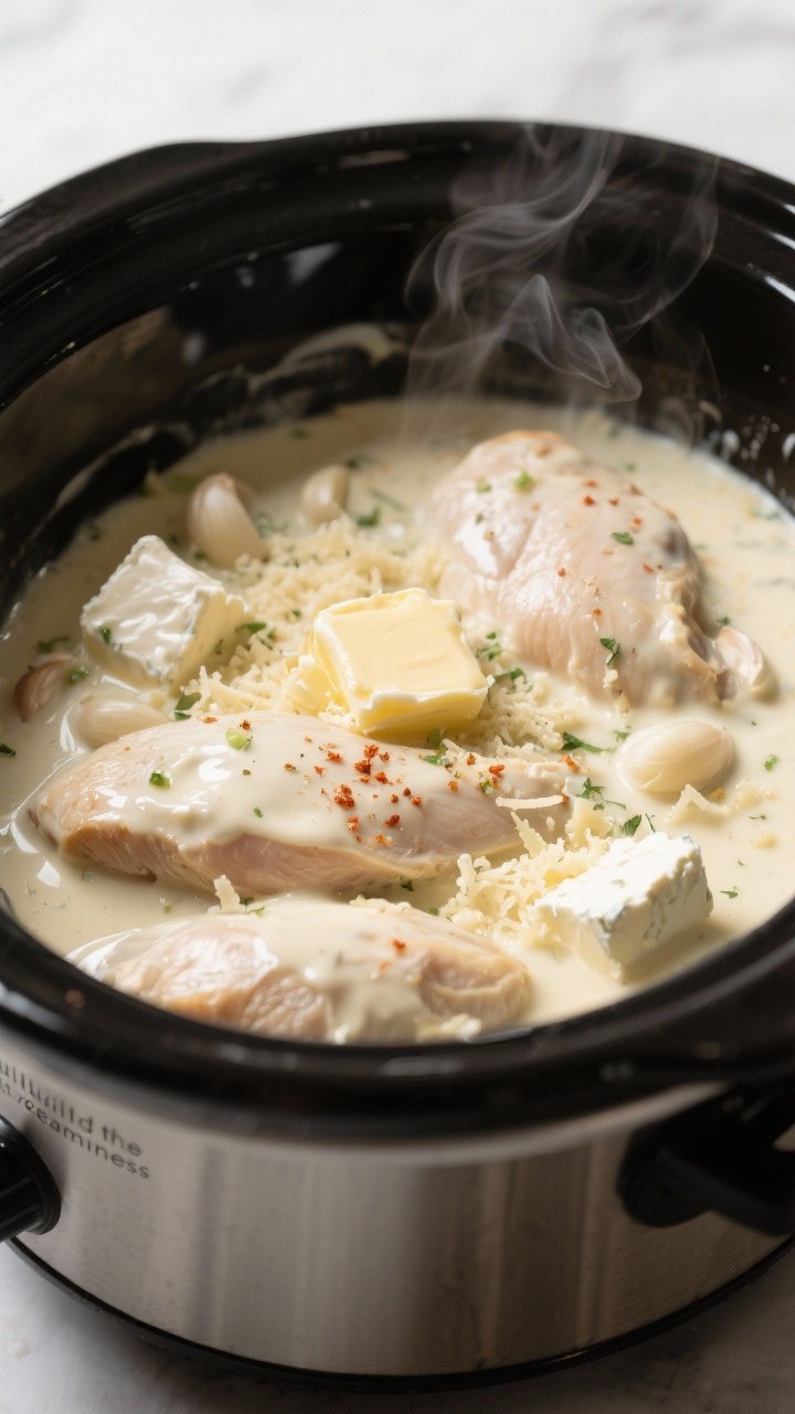 Cooking process, close-up detail: Creamy garlic Parmesan chicken in a crockpot at the “build the c